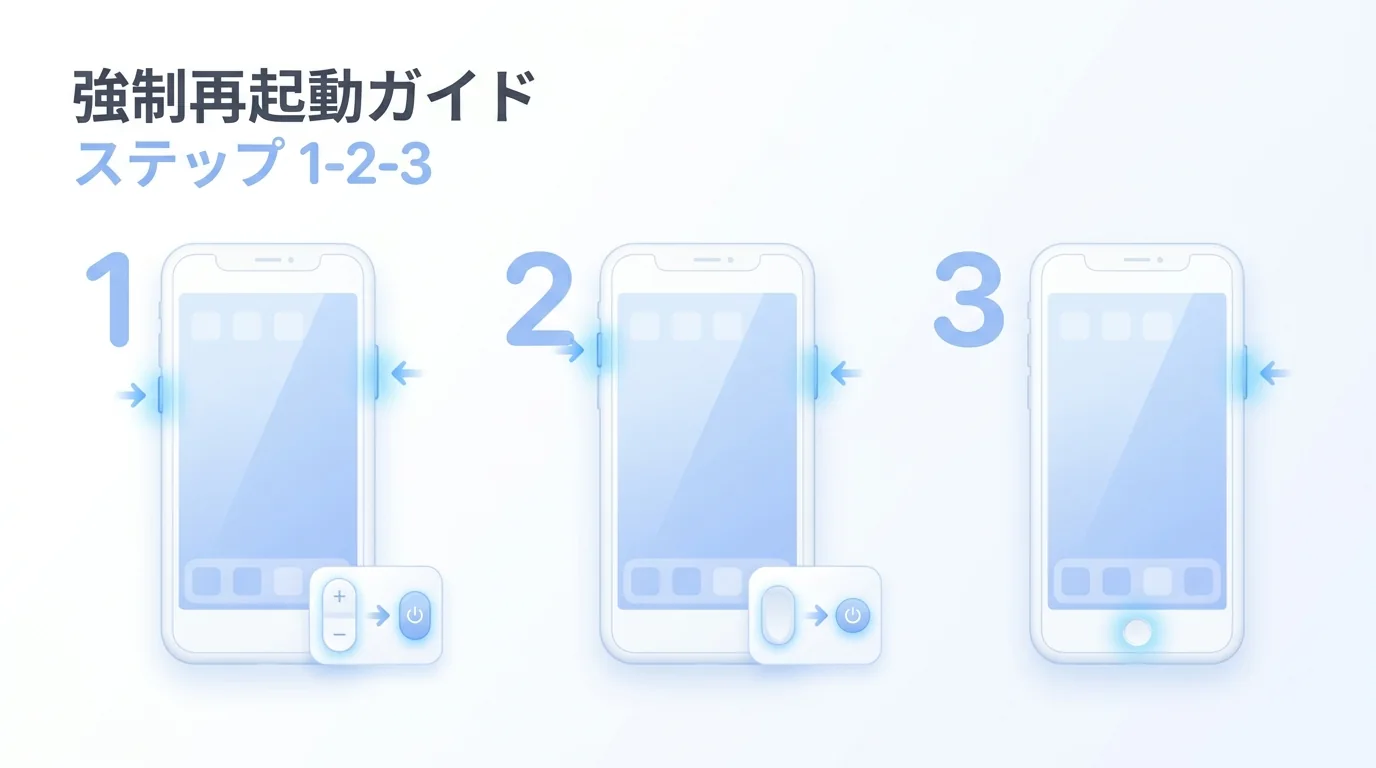 強制再起動のボタン位置：音量＋サイド、iPhone 7、ホームボタン機