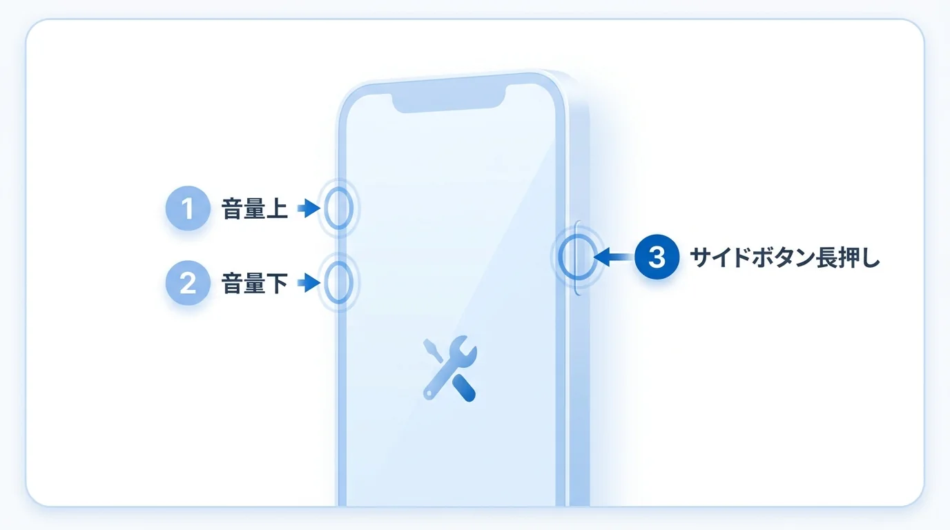 強制再起動のボタン操作概要：音量とサイドボタンの流れ
