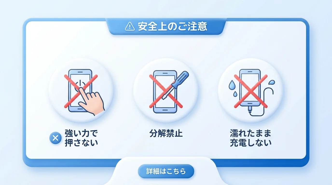 禁止：無理な長押し、分解、濡れたままの通電、金属工具