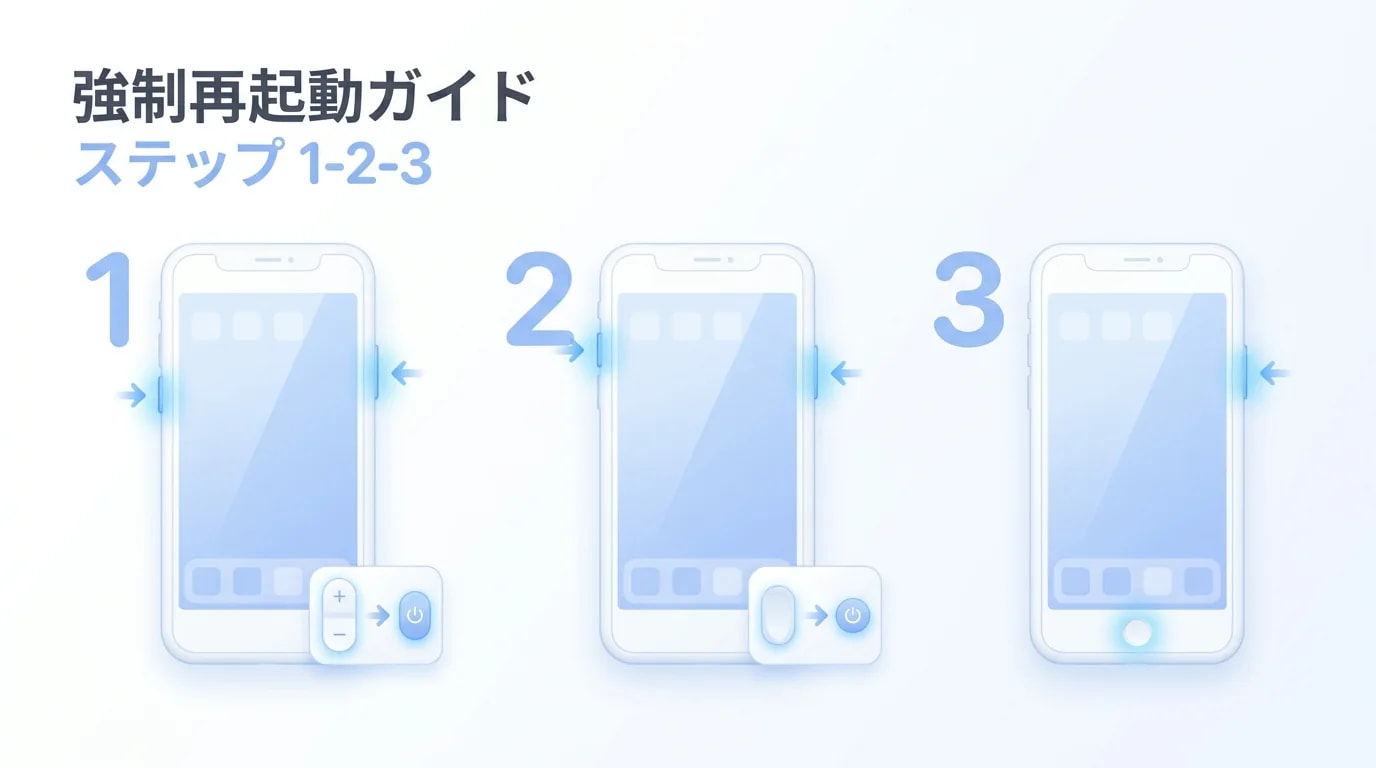 強制再起動のボタン位置：音量＋サイド、iPhone 7、ホームボタン機