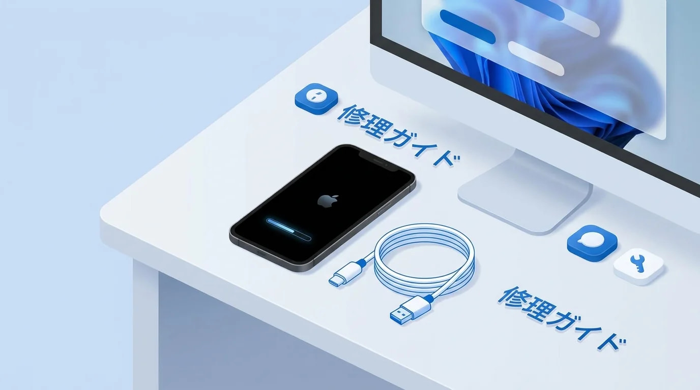起動画面で止まったスマートフォンとパソコン接続ケーブルのイメージ