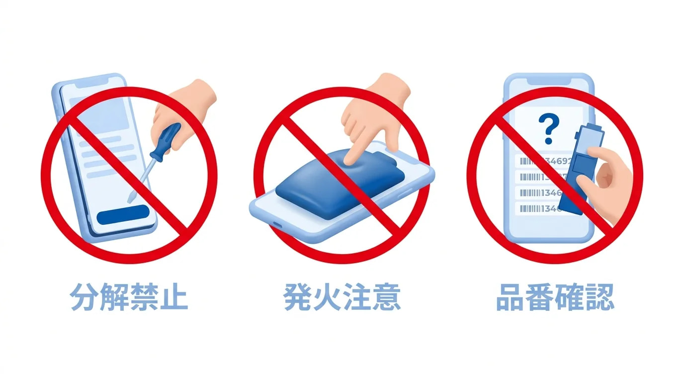 禁止事項：分解、膨張端末の圧迫、数値だけでの断定交換