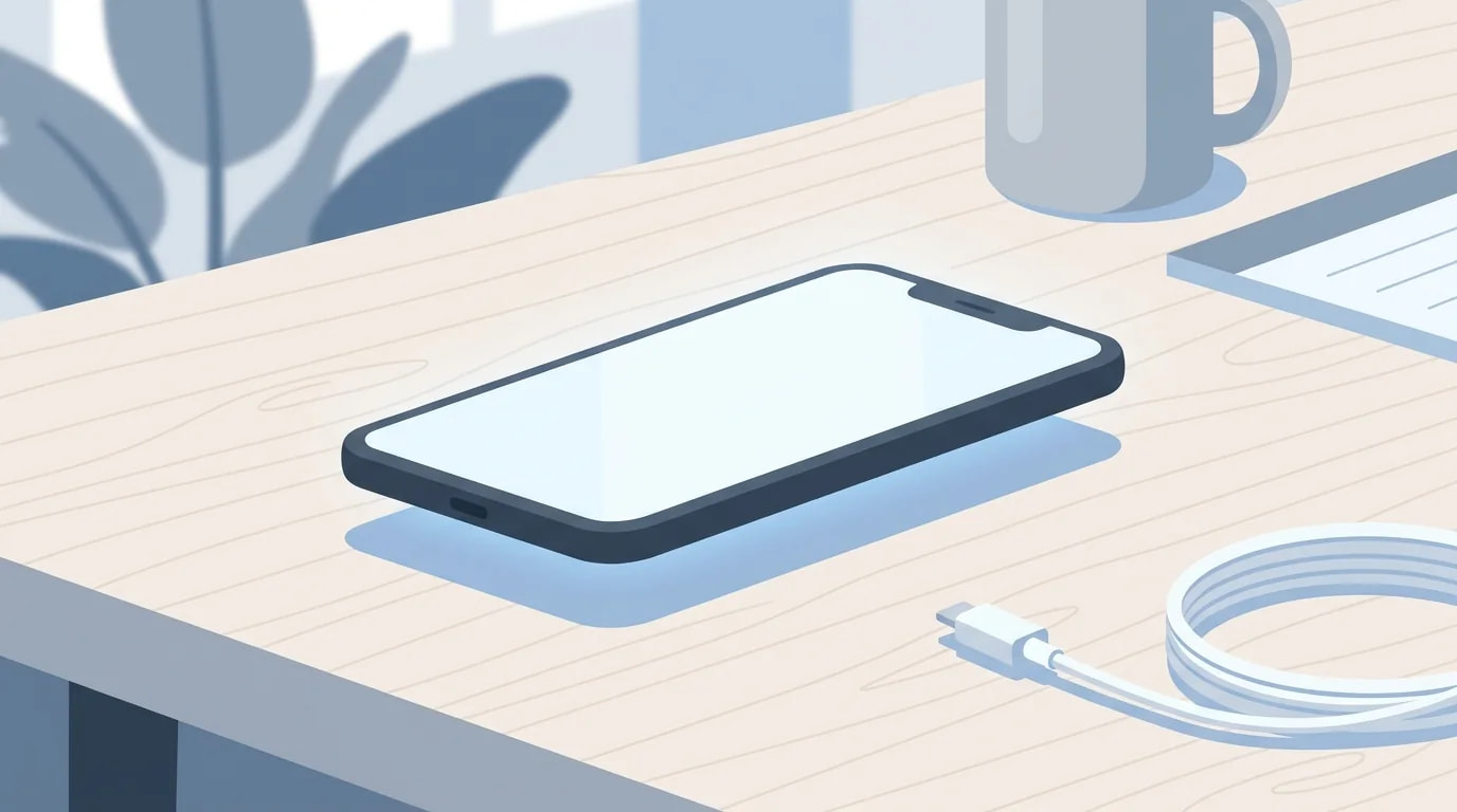 充電ケーブルを外し、圧迫せず机上に置いたスマートフォン