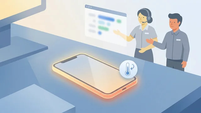 温まったスマートフォンと冷却を示す発熱対処ガイドのサムネイル