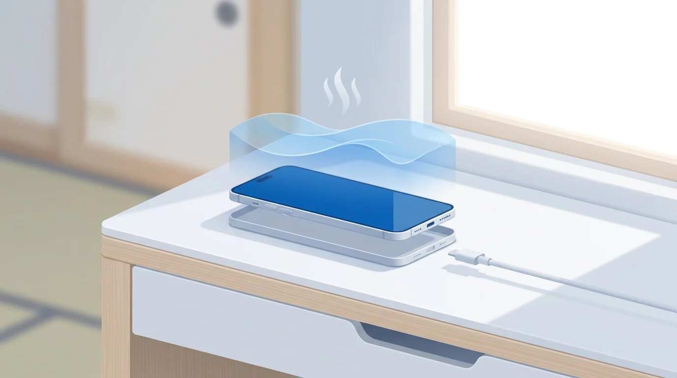 充電ケーブルを外しケースを外したiPhoneを風通しのよい場所に置いたイメージ