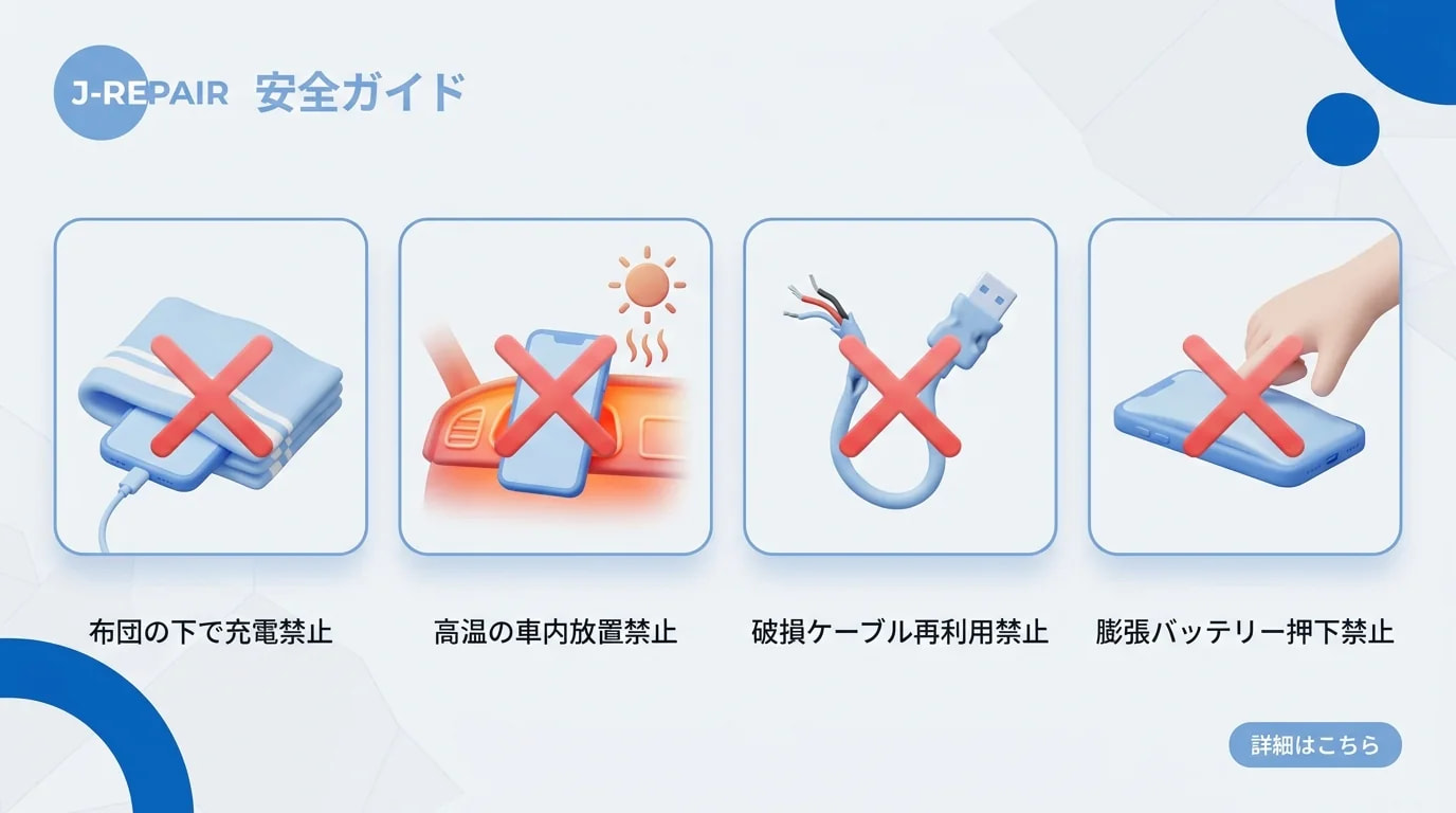 禁止：布団内充電、車内充電、異常ケーブルの使い回し、急冷、膨張端末の圧迫