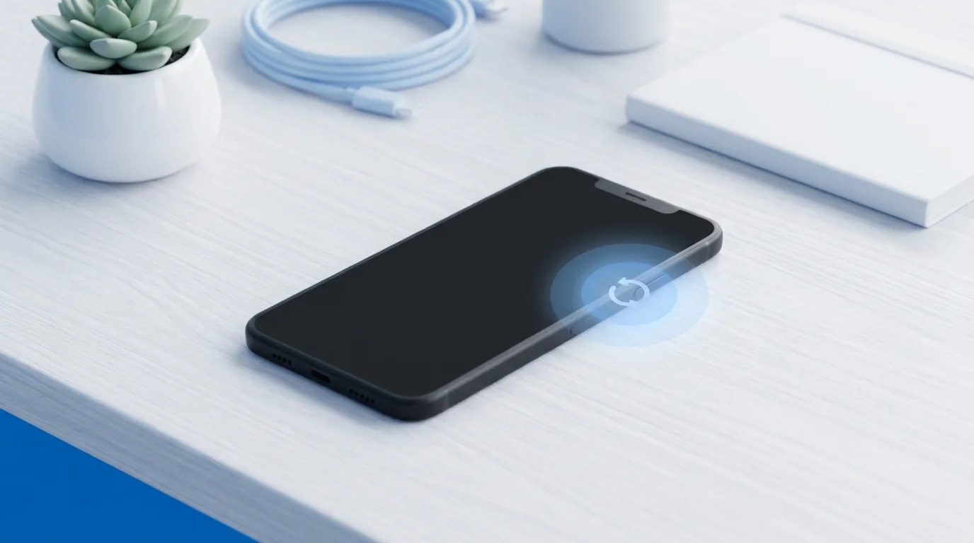 再起動中のスマートフォンと電源ボタンのイメージ