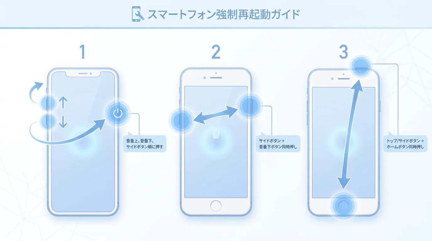 iPhoneの強制再起動：音量＋サイドボタン機、iPhone 7、ホームボタン機の3系統