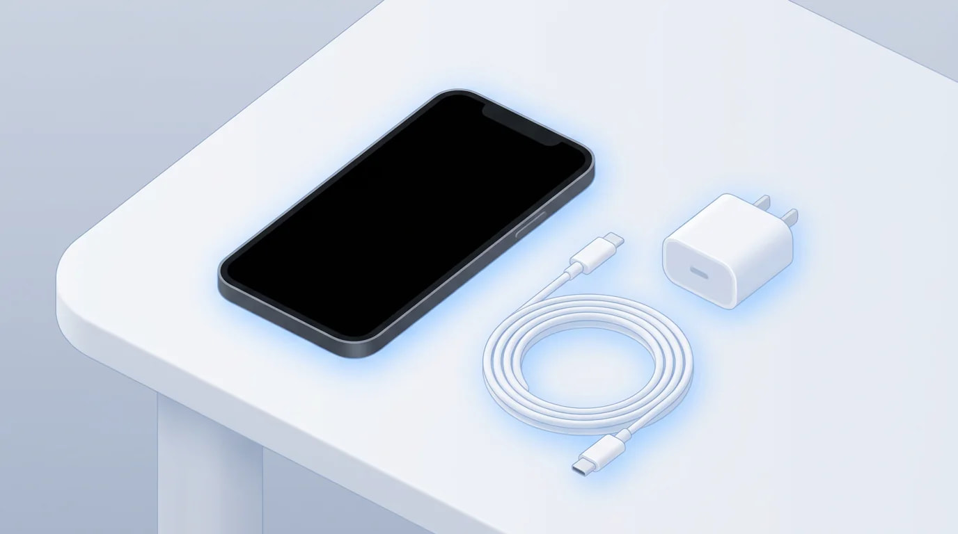 画面が真っ暗なiPhoneと充電ケーブルのイメージ