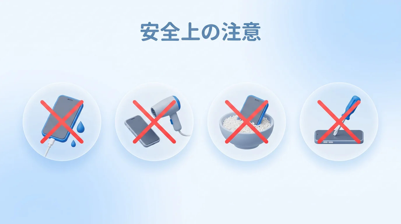 禁止事項：濡れたまま充電、膨張した端末の圧迫、ドライヤー加熱、分解、金属工具での清掃