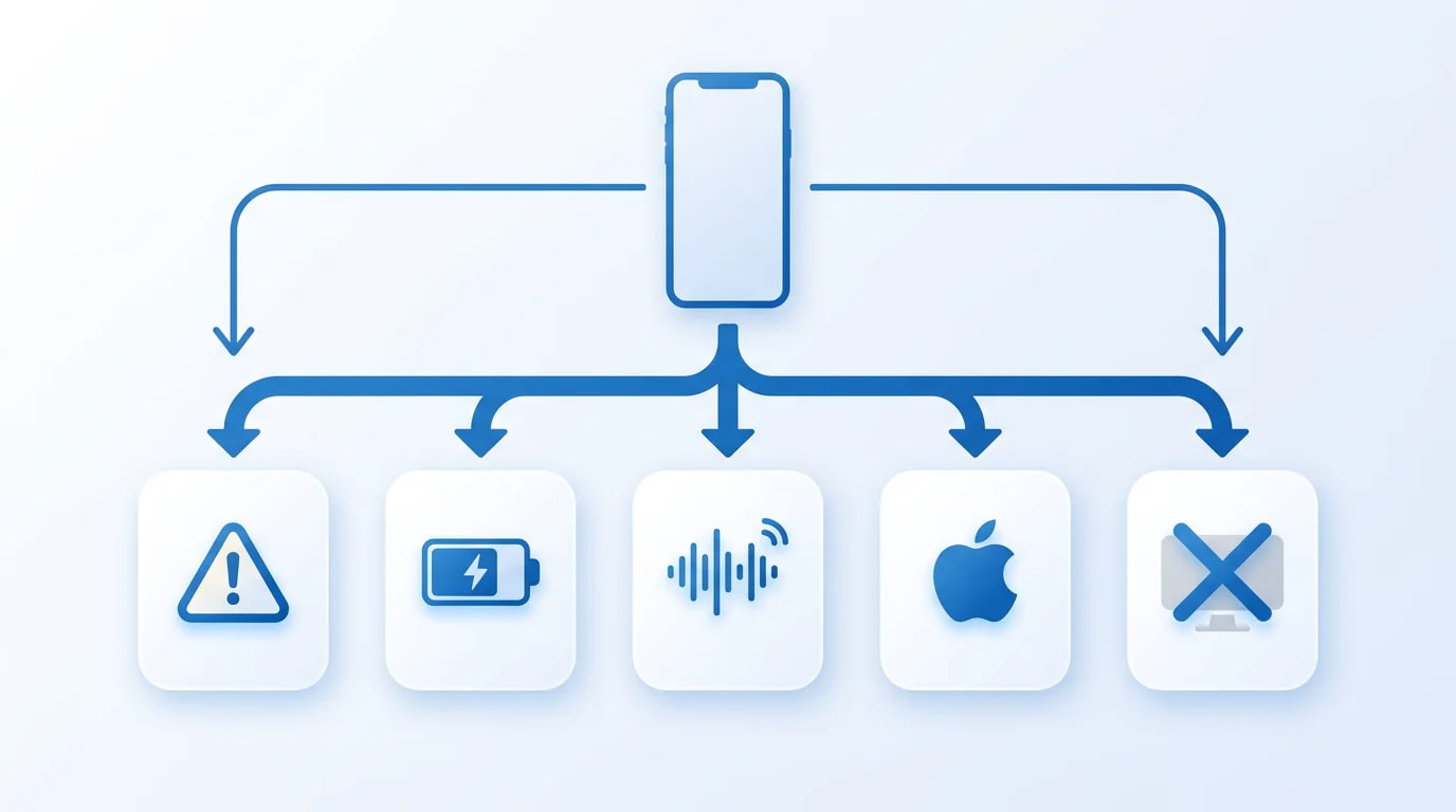 電源が入らない症状の切り分け：危険確認、充電表示、音や振動、Appleロゴ、完全無反応