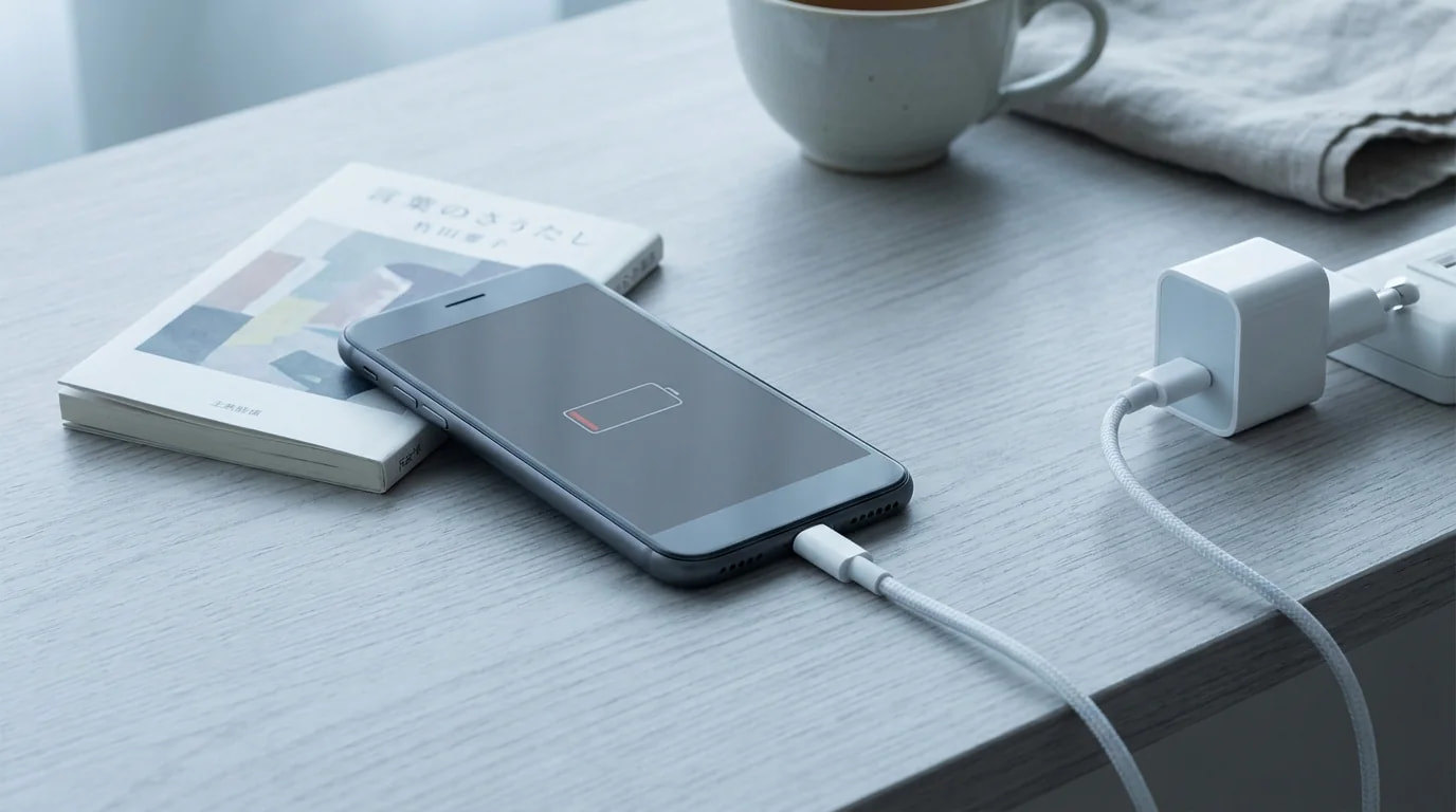 充電中のiPhoneとケーブル・電源アダプタのイメージ