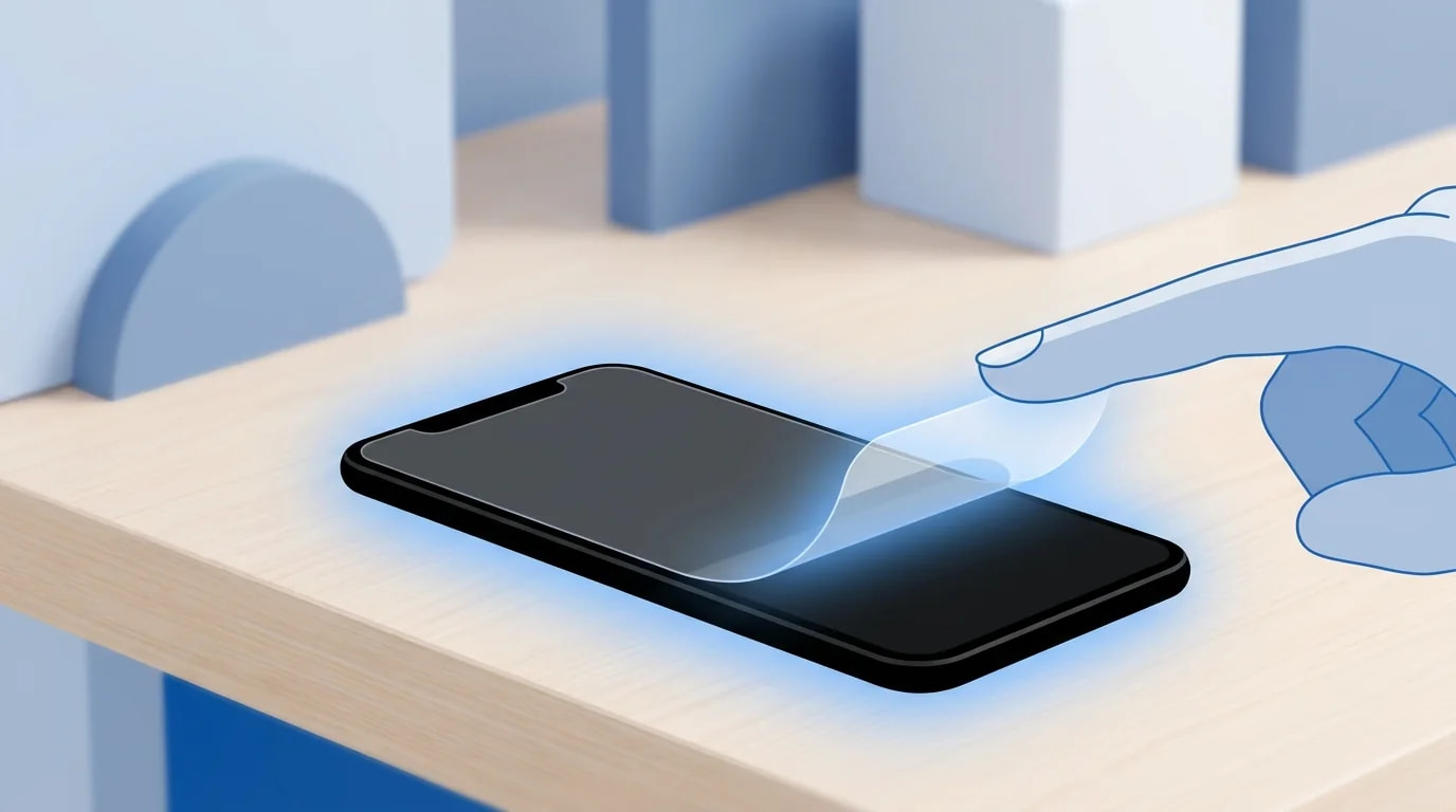 保護フィルムを外したスマートフォンと指のイメージ(タッチ不良の確認)