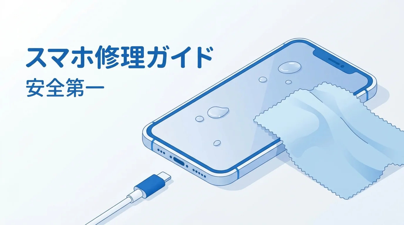 濡れたスマートフォンからケーブルを外し柔らかい布で外側を拭くイメージ