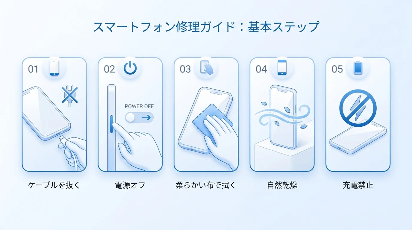 水濡れ直後の順：ケーブル外す、電源オフ、拭く、自然乾燥、充電しない