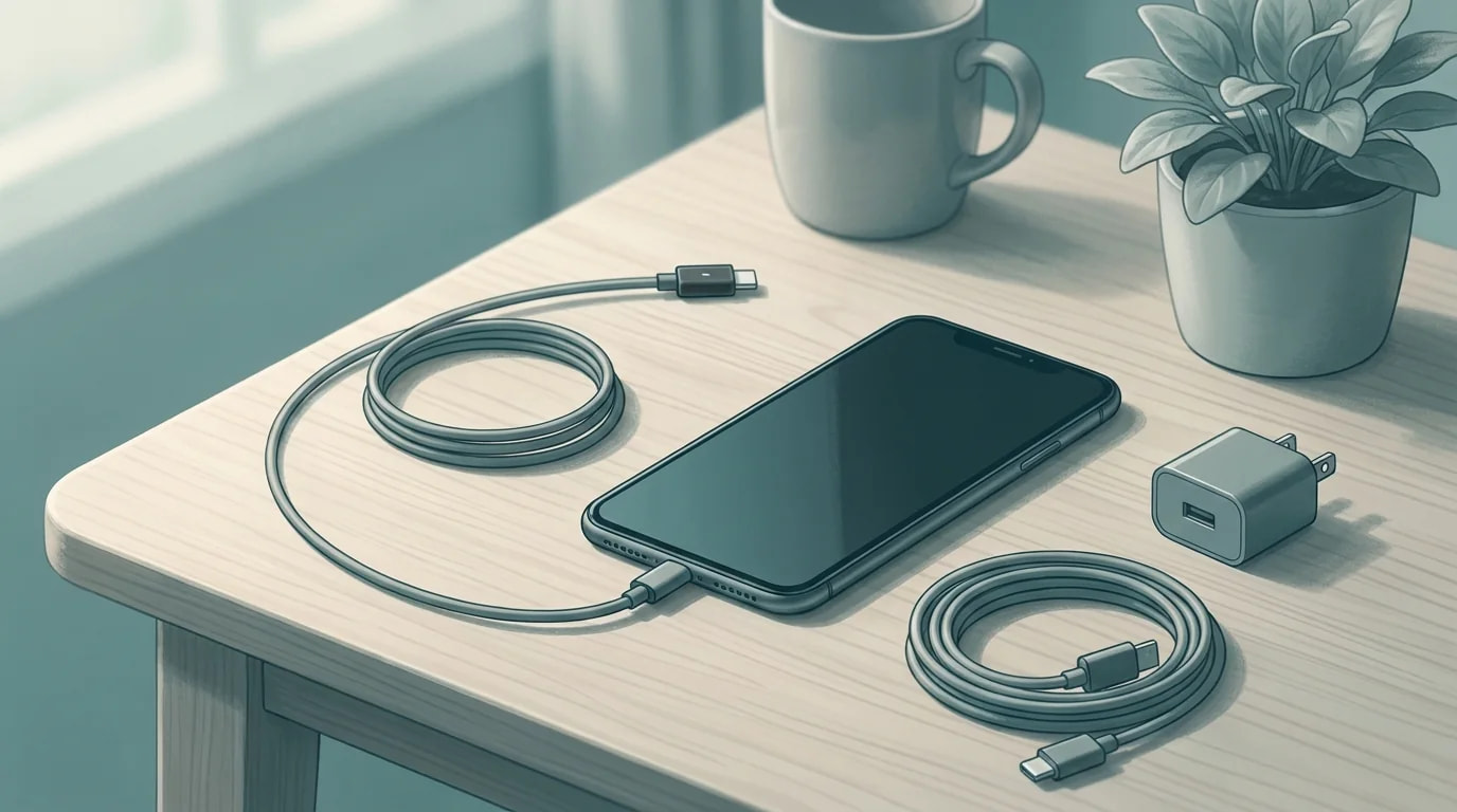 充電ケーブルを接続しても反応しないスマートフォンと、別のケーブル・アダプタを並べたイメージ