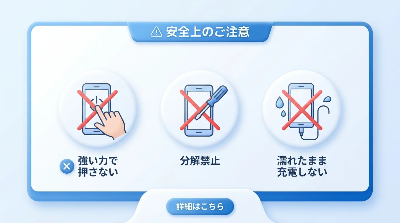 禁止：無理な長押し、分解、濡れたままの通電、金属工具
